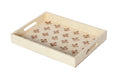 A rectangular woven tray with integrated handles, featuring a light beige natural fiber exterior and a matching beige interior printed with a repeating brown floral pattern.