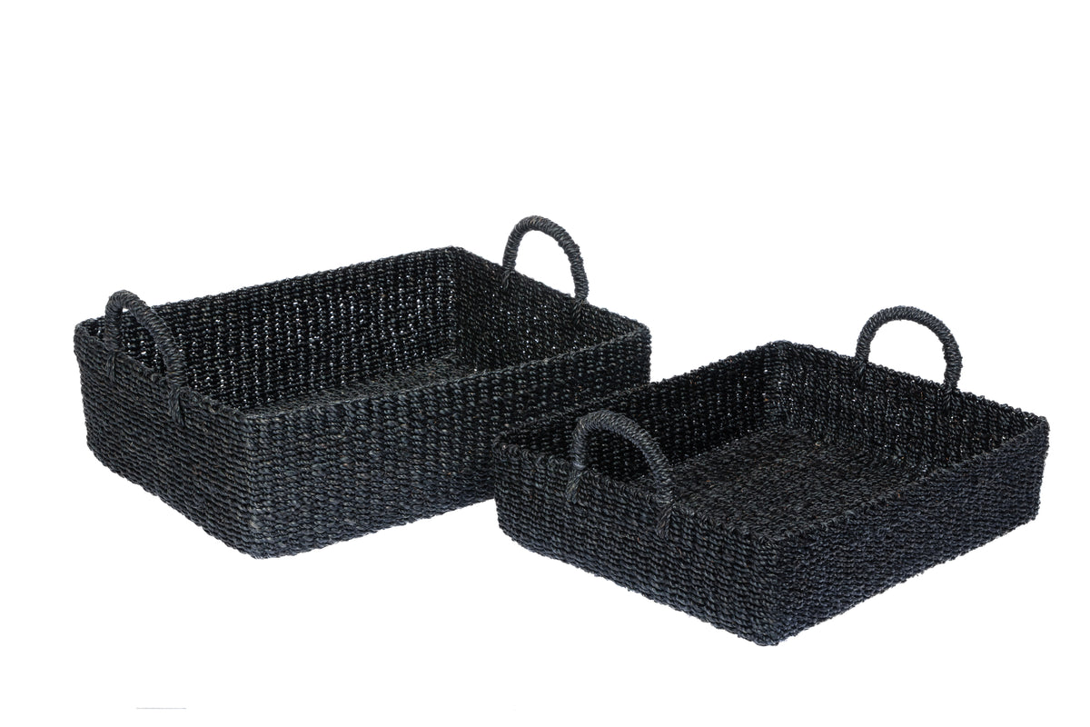 Two rectangular woven storage baskets with loop handles, shown in black on a plain white background.