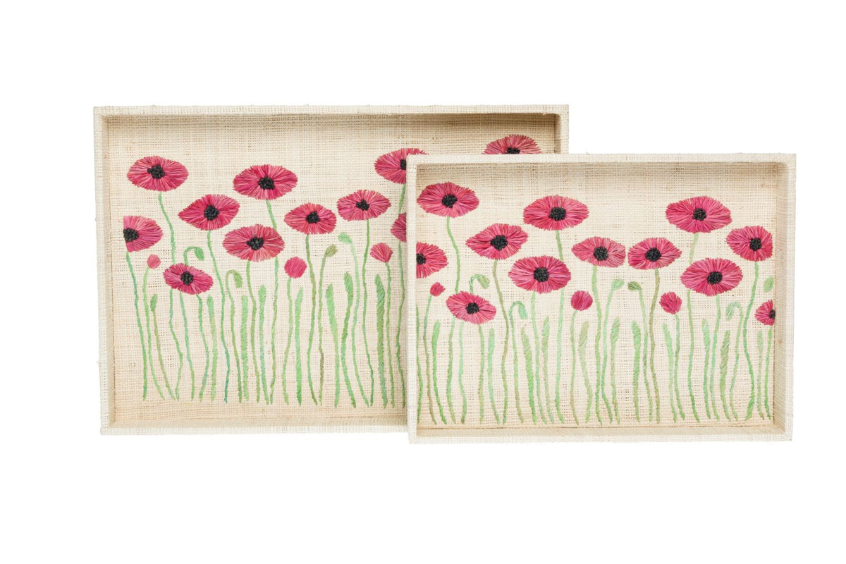 Embroidered Poppy Floral Decorative Trays - Set of 2