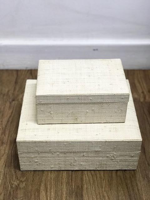 Set of 2 Adie storage boxes with natural plant fiber exterior and faux suede lining, ideal for organizing and adding style to any space.