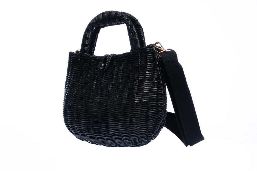 Handwoven Abi Wicker Black Rattan Shoulder Bag with cotton strap, brass hardware, and eco-friendly design, crafted by artisans in the Philippines.
