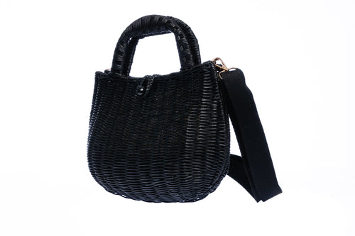 Handwoven Abi Wicker Black Rattan Shoulder Bag with cotton strap, brass hardware, and eco-friendly design, crafted by artisans in the Philippines.