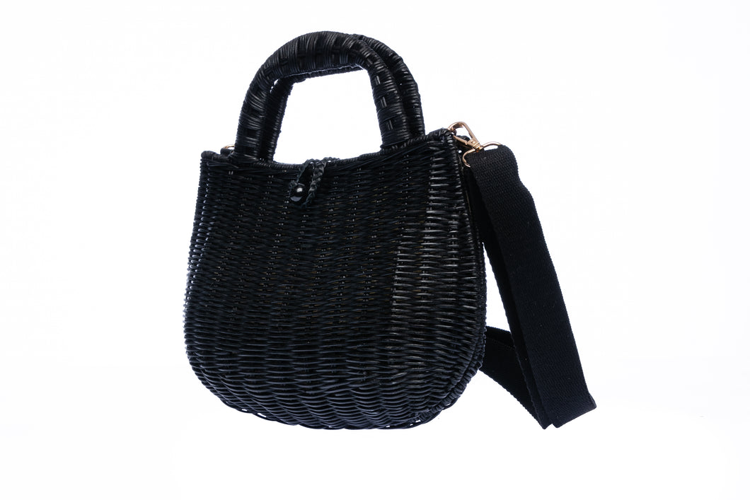 Handwoven Abi Wicker Black Rattan Shoulder Bag with cotton strap, brass hardware, and eco-friendly design, crafted by artisans in the Philippines.