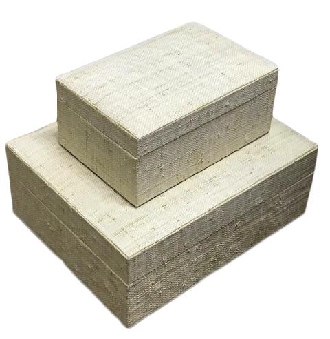 Set of 2 Adie storage boxes with natural plant fiber exterior and faux suede lining, ideal for organizing and adding style to any space.