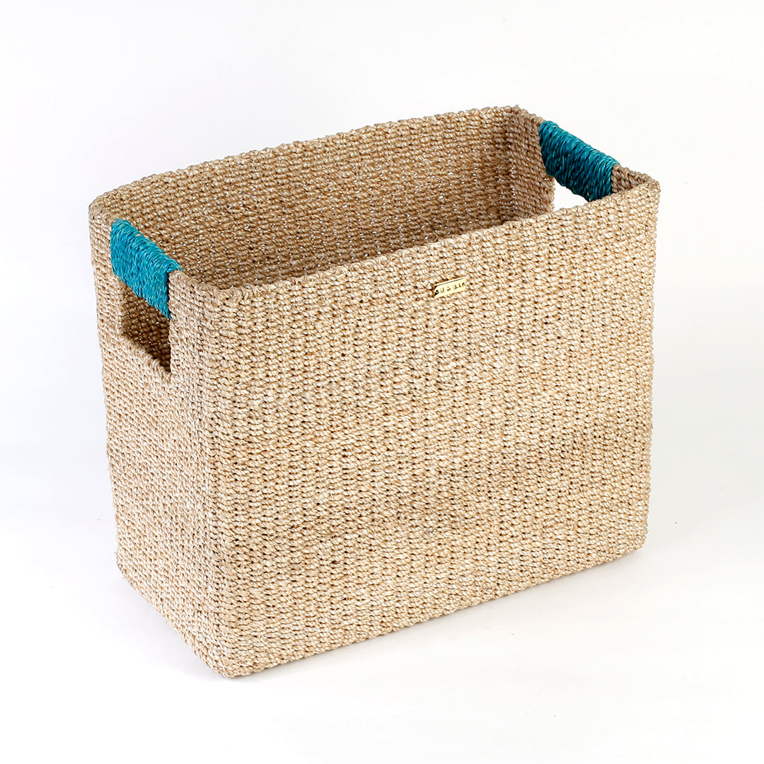 Alex Rectangle Basket, handwoven from 100% natural plant fiber, ideal for organizing kitchens, living rooms, bedrooms, and bathrooms.