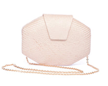 Load image into Gallery viewer, Blush pink wedding clutch made from sustainable plant fibers, featuring a brass chain strap and soft linen-cotton lining, perfect for brides and bridesmaids.
