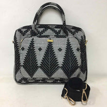 Load image into Gallery viewer, Handwoven Abel Iloco laptop bag with geometric designs, faux suede non-slip top, and handle. Ethically crafted in the Philippines.
