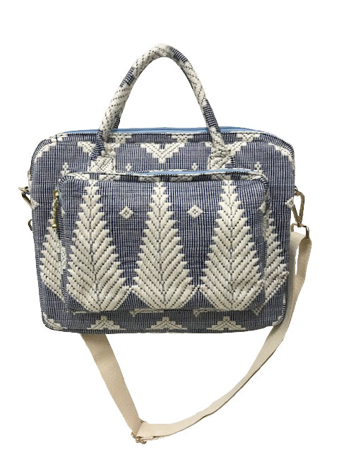 Handwoven Abel Iloco laptop bag with geometric designs, faux suede non-slip top, and handle. Ethically crafted in the Philippines.