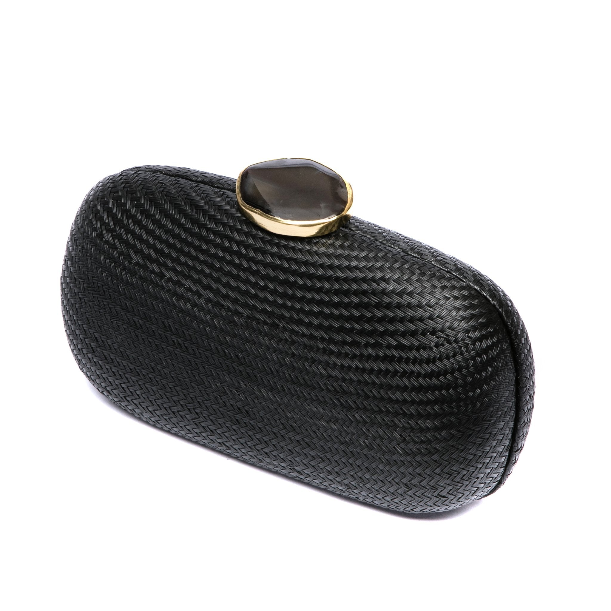 Dark Sky Oval handwoven clutch with agate stone and brass chain strap, perfect for evening events. Ethically made in the Philippines.