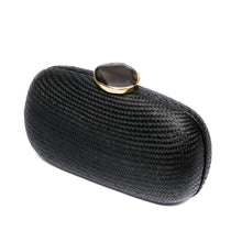 Load image into Gallery viewer, Dark Sky Oval handwoven clutch with agate stone and brass chain strap, perfect for evening events. Ethically made in the Philippines.
