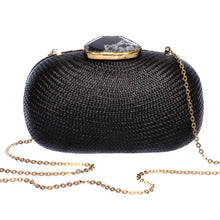 Load image into Gallery viewer, Dark Sky Oval handwoven clutch with agate stone and brass chain strap, perfect for evening events. Ethically made in the Philippines.
