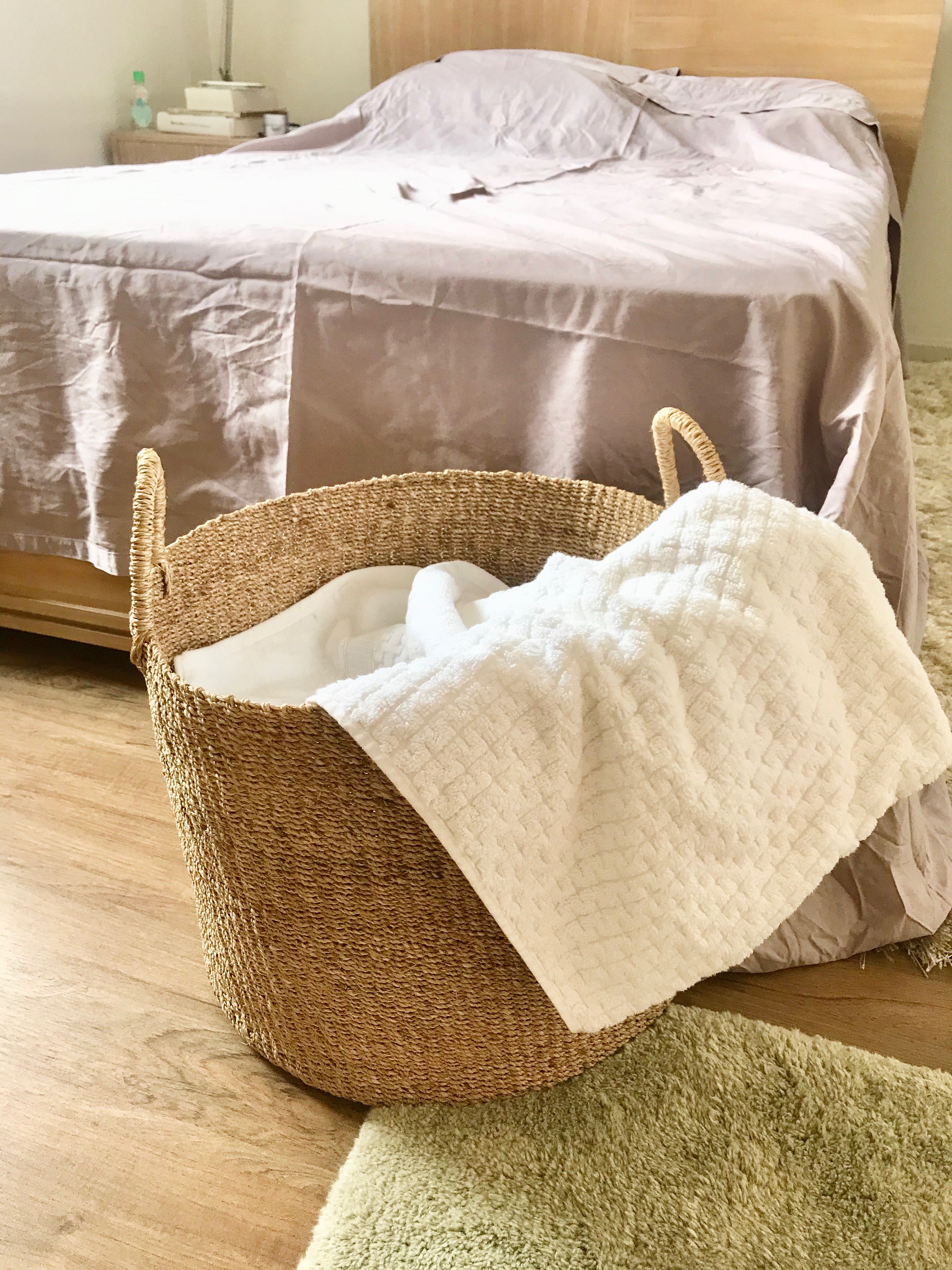 Camille Round Storage Basket made from 100% natural plant fiber, ideal for laundry, toy storage, and organizing essentials. Eco-friendly and stylish design.