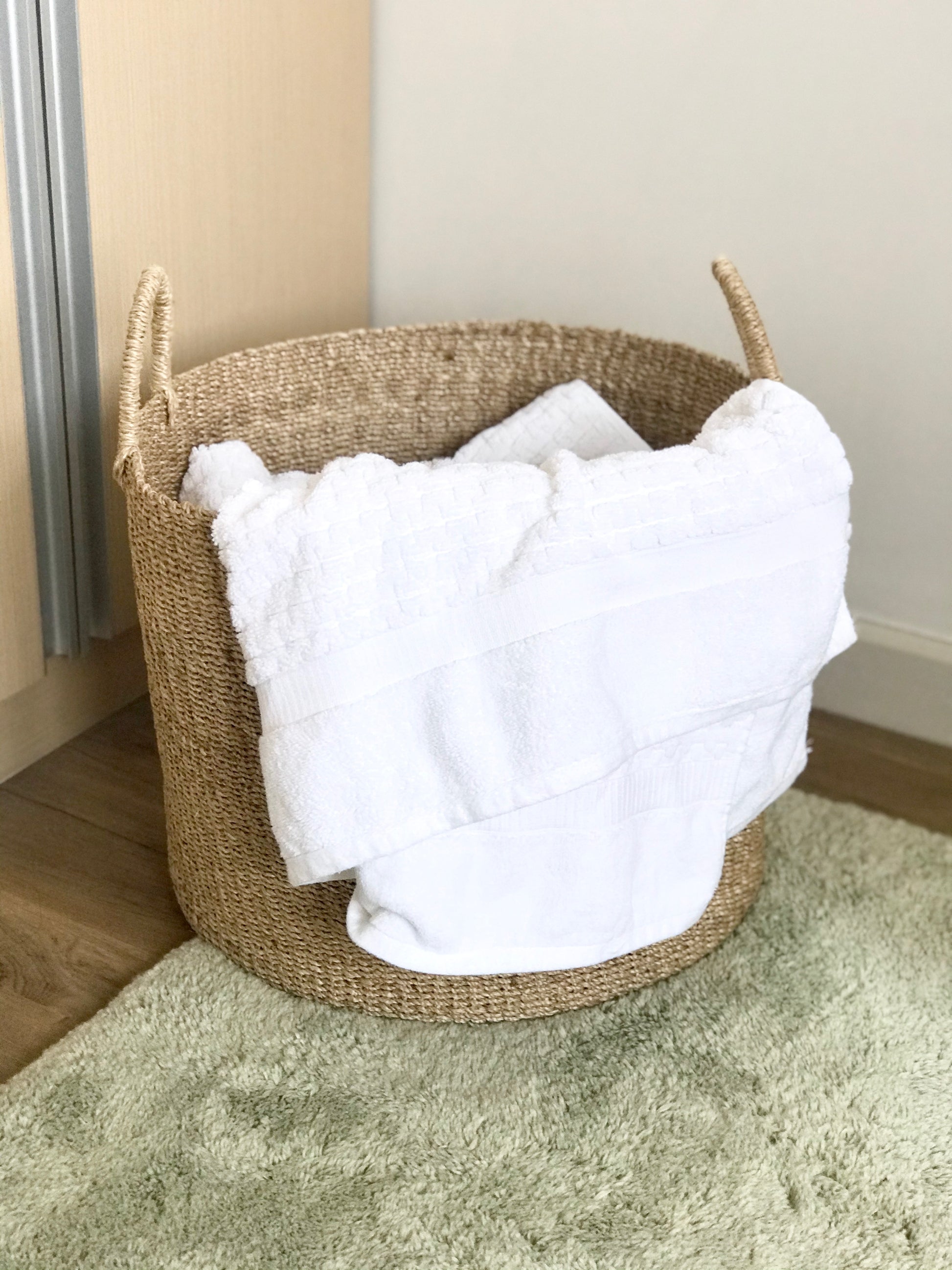 Camille Round Storage Basket made from 100% natural plant fiber, ideal for laundry, toy storage, and organizing essentials. Eco-friendly and stylish design.
