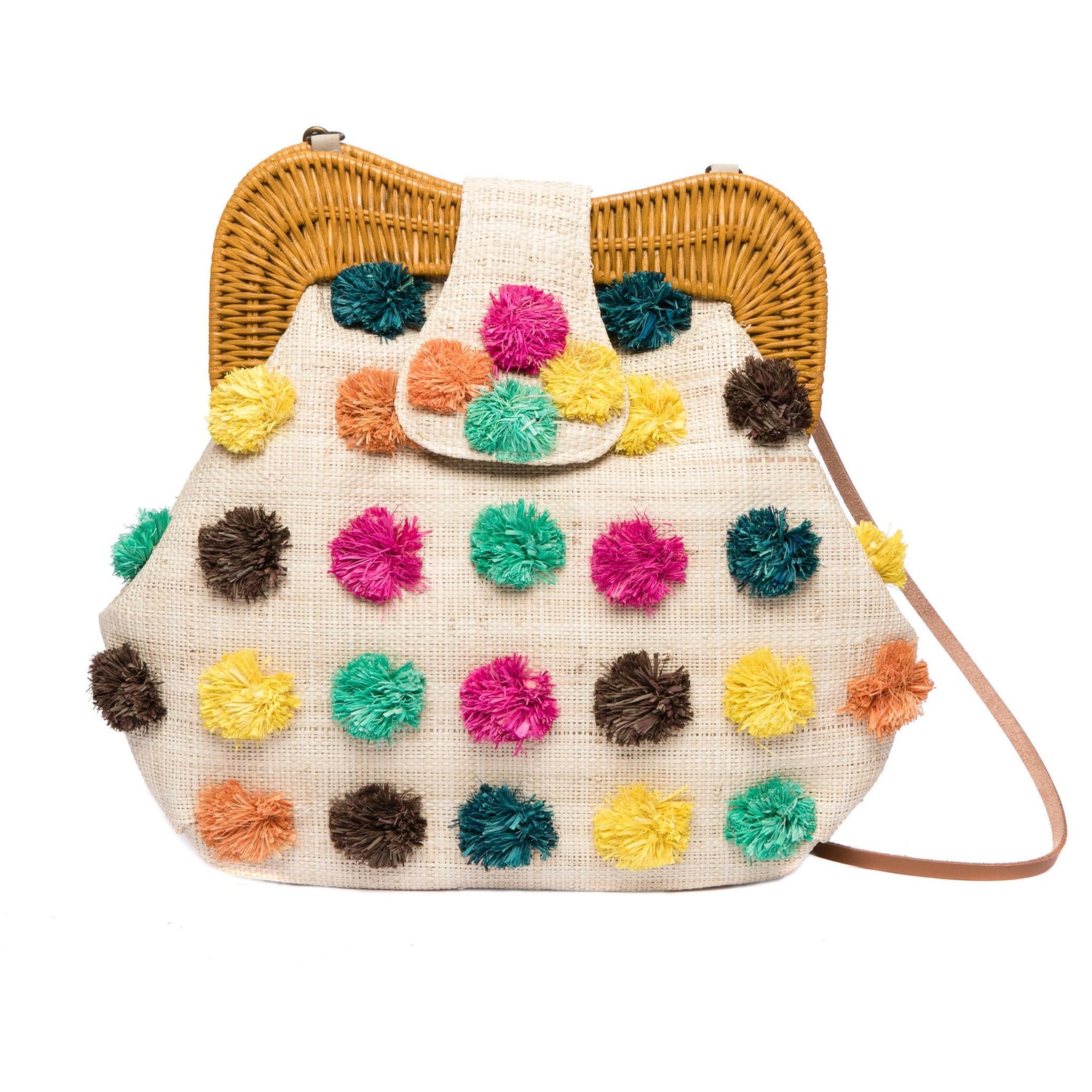 Forest Pompom Libby shoulder bag with handwoven raffia body, rattan frame, and fluffy raffia pompoms. Stylish and fun statement bag with leather strap.
