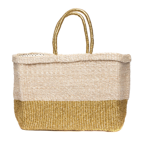 Golden Hour Tote – Stylish handwoven abaca shopper bag with polka dot cotton lining and leather trim, perfect for summer outings and beyond.