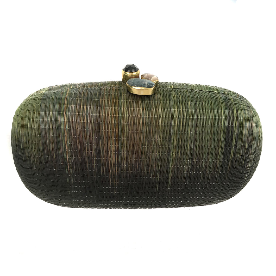 Grass is Greener Oval Hard Case Purse – Handwoven Buri fiber purse with agate stones wrapped in brass, featuring a brass chain strap for versatile styling.