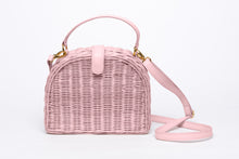 Load image into Gallery viewer, Half Moon Wicker Purse Blush Pink – Handwoven natural wicker bag with soft nude leather strap and magnetic closure, perfect for everyday wear.
