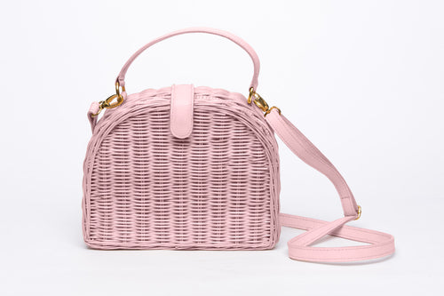 Half Moon Wicker Purse Blush Pink – Handwoven natural wicker bag with soft nude leather strap and magnetic closure, perfect for everyday wear.