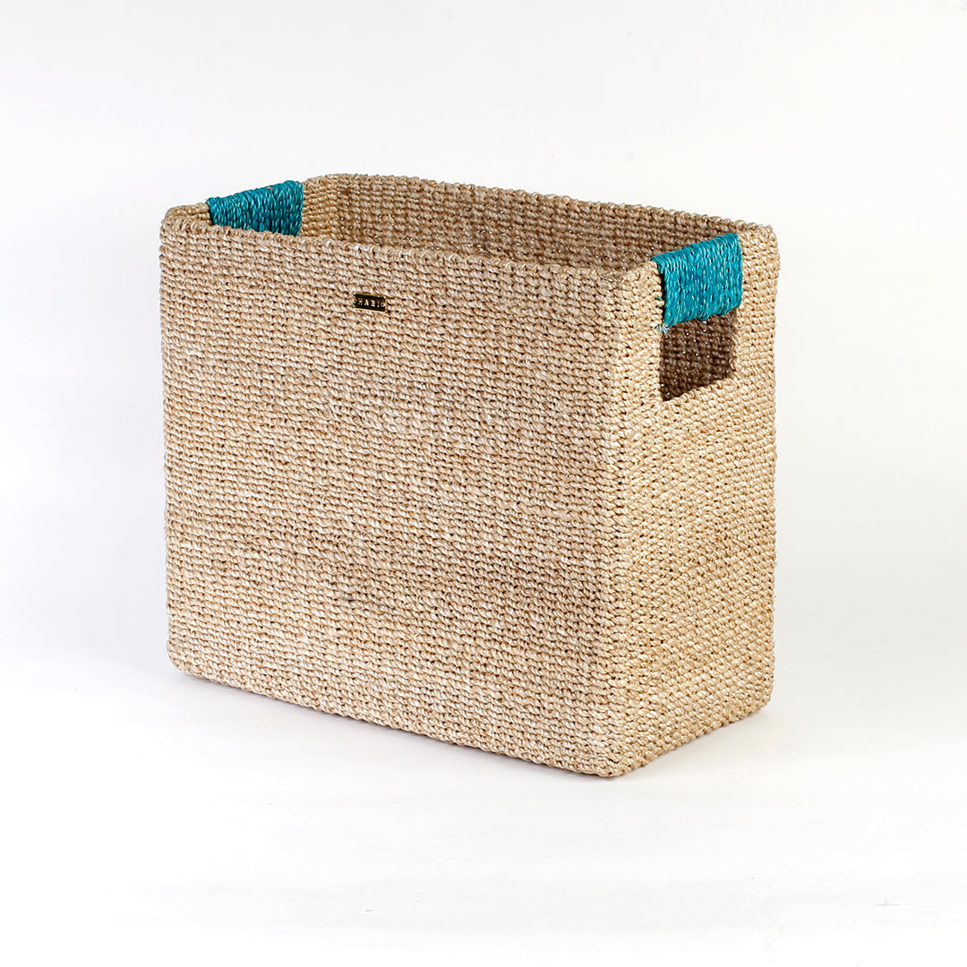 Alex Rectangle Basket, handwoven from 100% natural plant fiber, ideal for organizing kitchens, living rooms, bedrooms, and bathrooms.