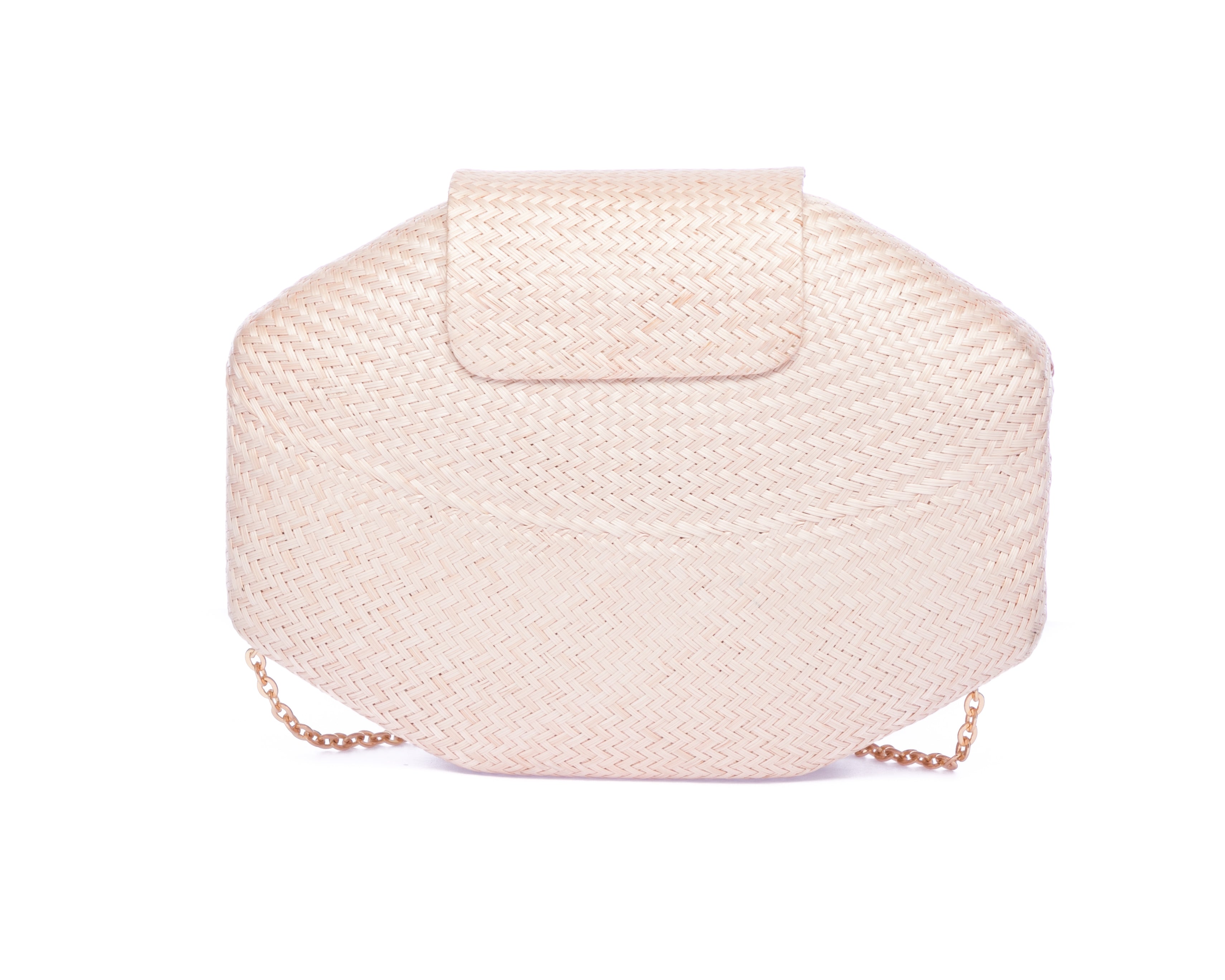 Blush pink wedding clutch made from sustainable plant fibers, featuring a brass chain strap and soft linen-cotton lining, perfect for brides and bridesmaids.