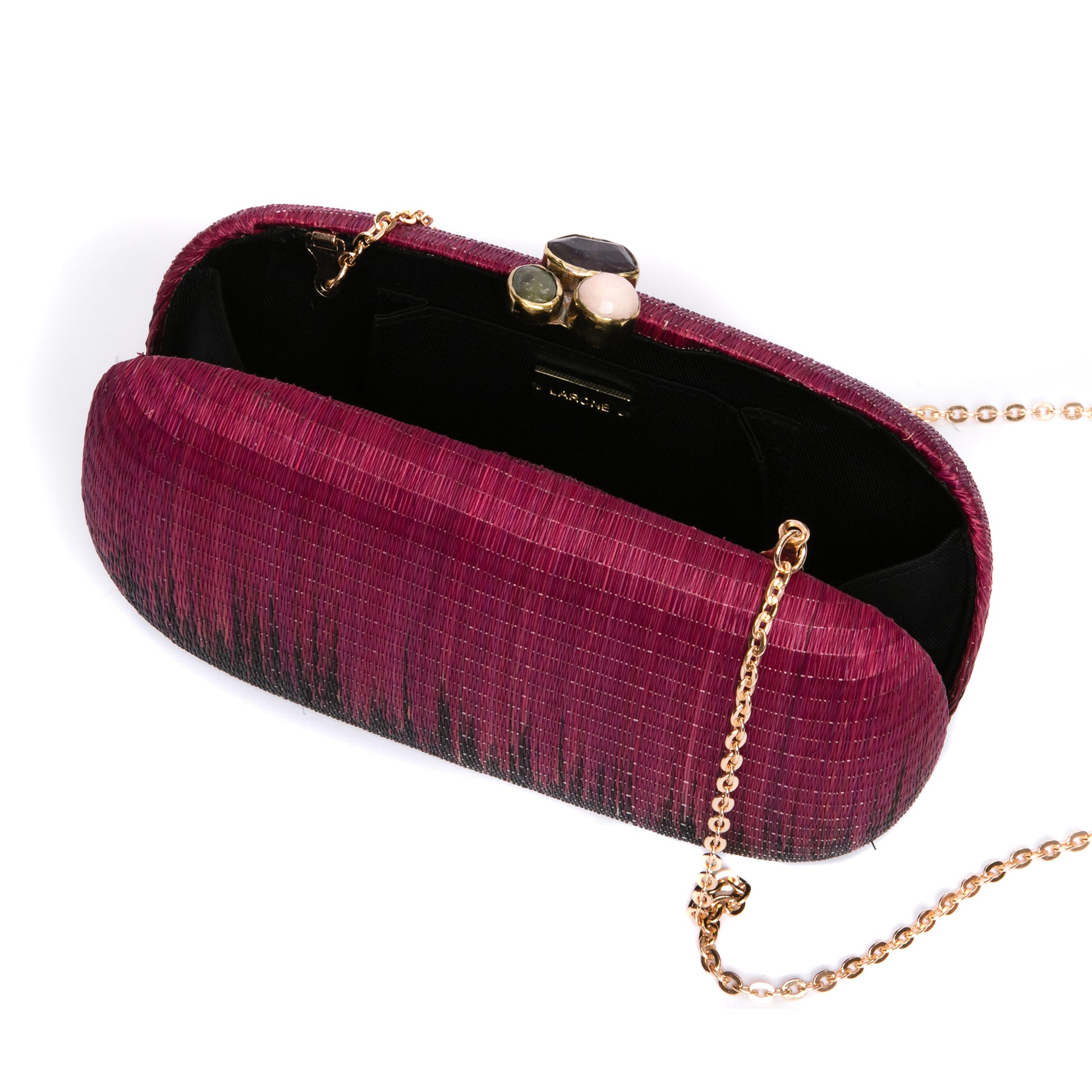 Midnight Serenity Oval Hard Case Purse, handwoven from Buri tree fibers, with agate stones wrapped in brass and a drop-in brass chain strap.