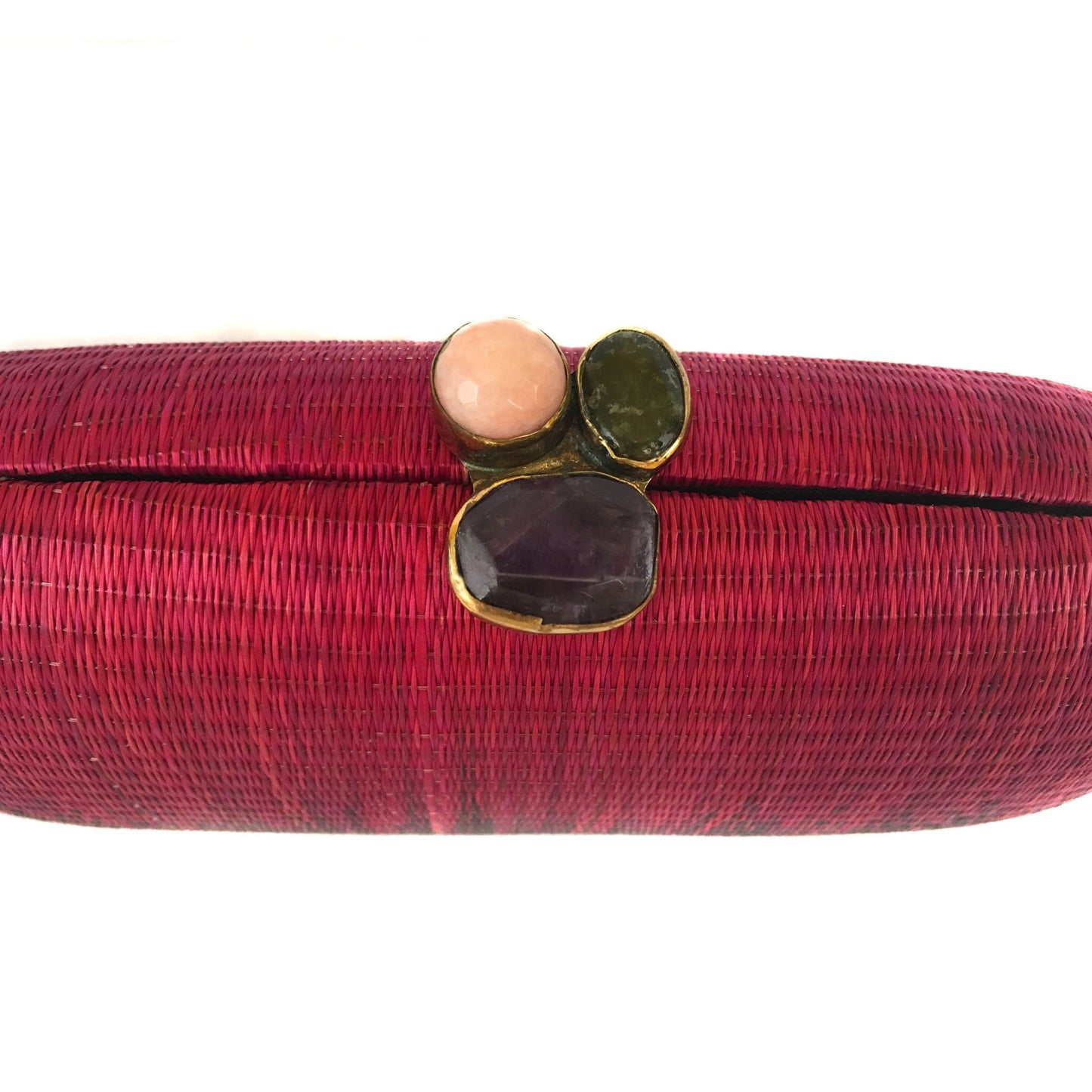 Midnight Serenity Oval Hard Case Purse, handwoven from Buri tree fibers, with agate stones wrapped in brass and a drop-in brass chain strap.
