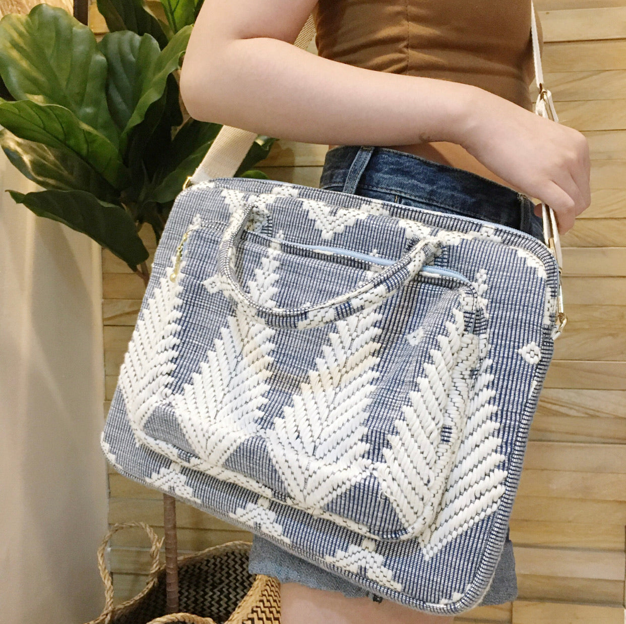 Handwoven Abel Iloco laptop bag with geometric designs, faux suede non-slip top, and handle. Ethically crafted in the Philippines.