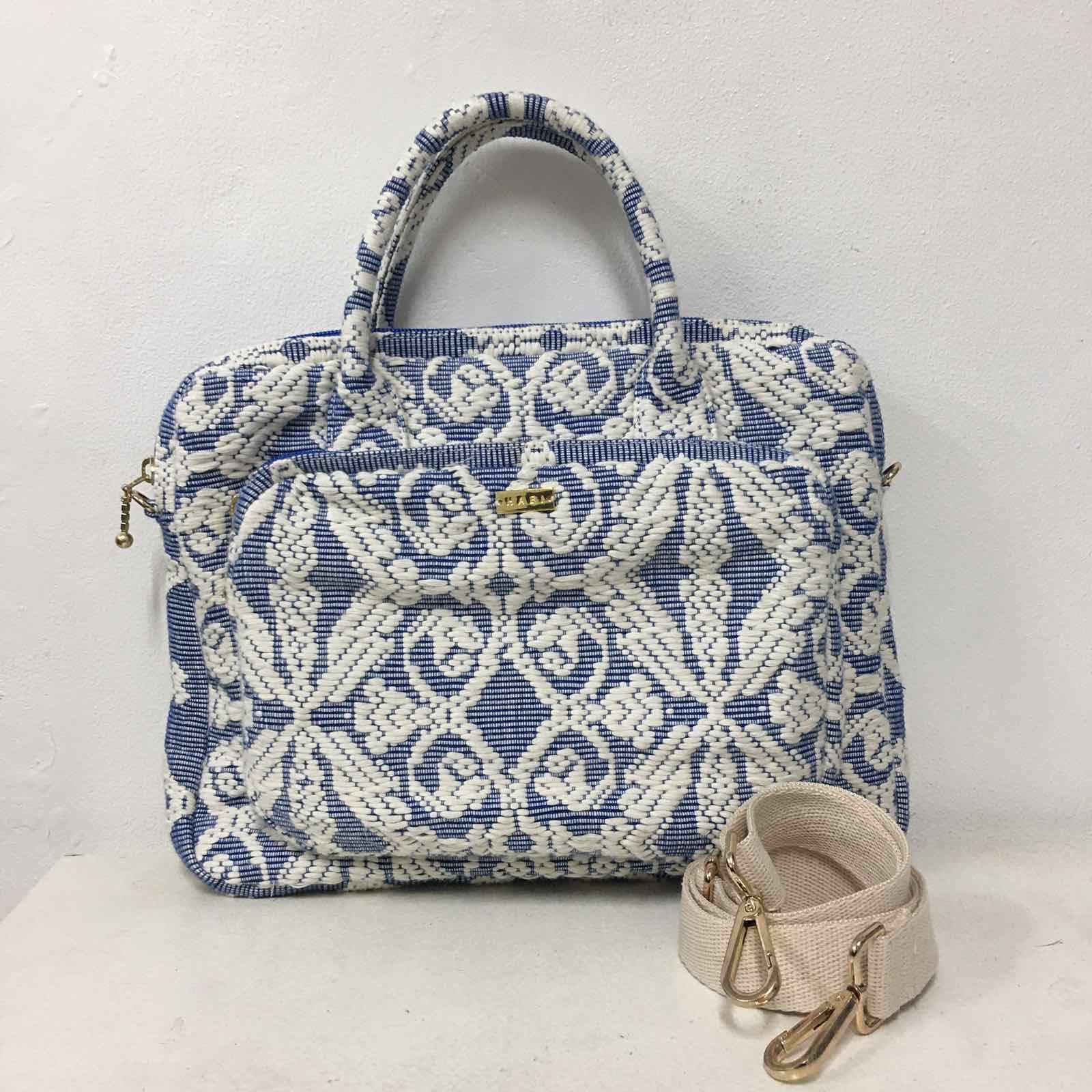 Handwoven Abel Iloco laptop bag with geometric designs, faux suede non-slip top, and handle. Ethically crafted in the Philippines.