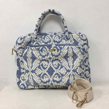 Load image into Gallery viewer, Handwoven Abel Iloco laptop bag with geometric designs, faux suede non-slip top, and handle. Ethically crafted in the Philippines.
