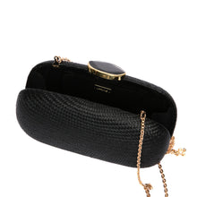 Load image into Gallery viewer, Dark Sky Oval handwoven clutch with agate stone and brass chain strap, perfect for evening events. Ethically made in the Philippines.
