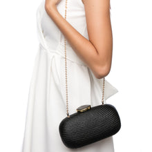 Load image into Gallery viewer, Dark Sky Oval handwoven clutch with agate stone and brass chain strap, perfect for evening events. Ethically made in the Philippines.
