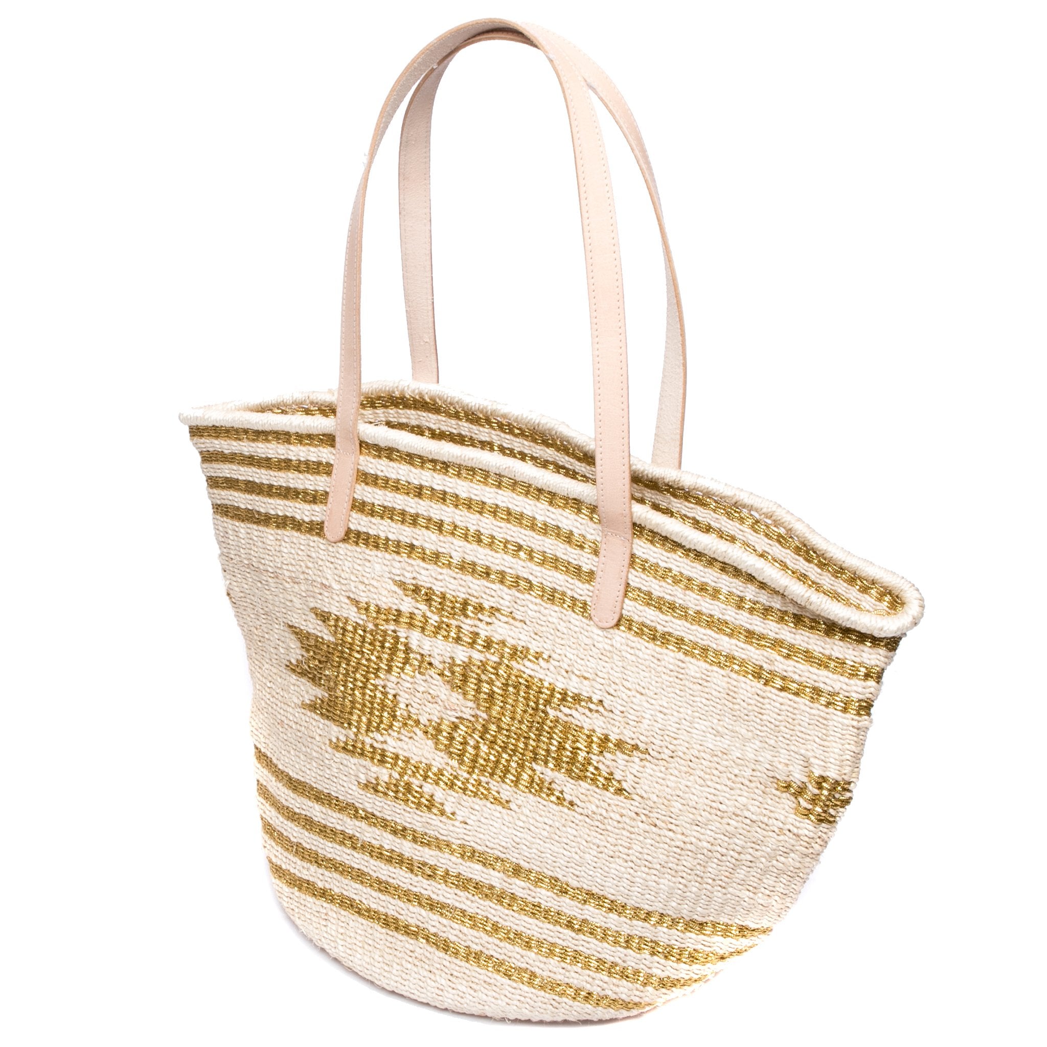 Golden Eagle Tote – Versatile handwoven natural plant fiber tote with Vachetta leather handles, ideal for beach days, shopping trips, and city outings.