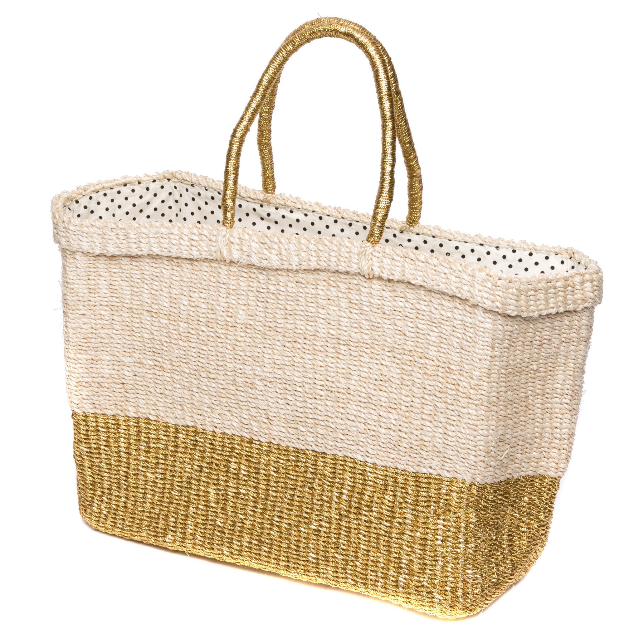 Golden Hour Tote – Stylish handwoven abaca shopper bag with polka dot cotton lining and leather trim, perfect for summer outings and beyond.