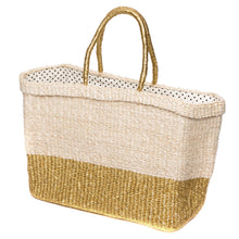 Load image into Gallery viewer, Golden Hour Tote – Stylish handwoven abaca shopper bag with polka dot cotton lining and leather trim, perfect for summer outings and beyond.
