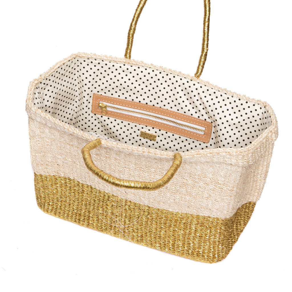 Golden Hour Tote – Stylish handwoven abaca shopper bag with polka dot cotton lining and leather trim, perfect for summer outings and beyond.