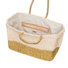 Load image into Gallery viewer, Golden Hour Tote – Stylish handwoven abaca shopper bag with polka dot cotton lining and leather trim, perfect for summer outings and beyond.
