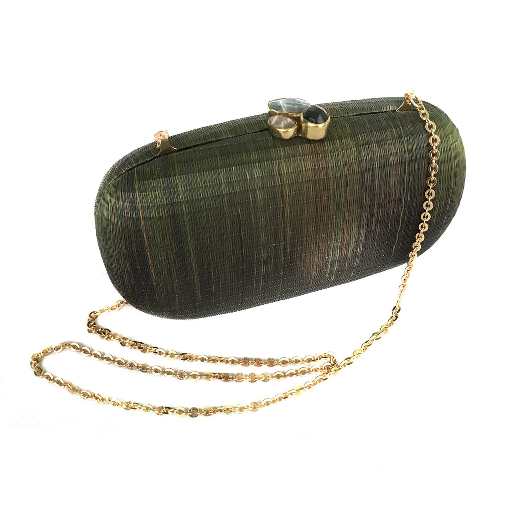 Grass is Greener Oval Hard Case Purse – Handwoven Buri fiber purse with agate stones wrapped in brass, featuring a brass chain strap for versatile styling.