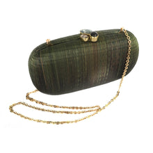 Load image into Gallery viewer, Grass is Greener Oval Hard Case Purse – Handwoven Buri fiber purse with agate stones wrapped in brass, featuring a brass chain strap for versatile styling.
