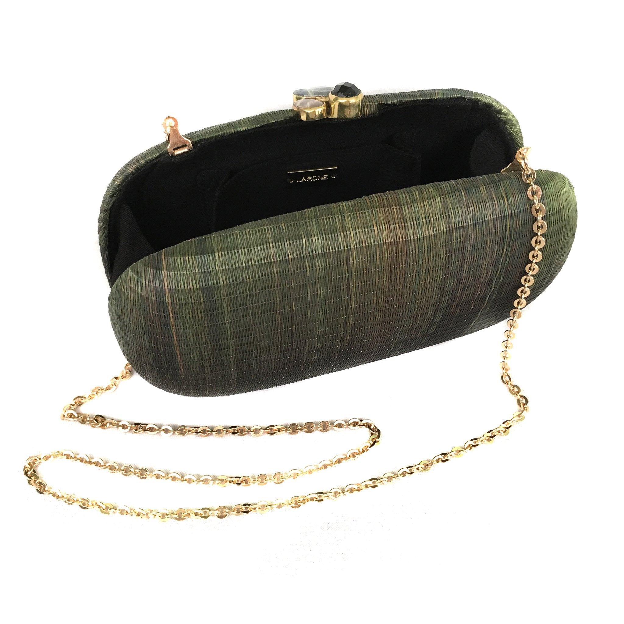 Grass is Greener Oval Hard Case Purse – Handwoven Buri fiber purse with agate stones wrapped in brass, featuring a brass chain strap for versatile styling.