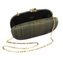 Load image into Gallery viewer, Grass is Greener Oval Hard Case Purse – Handwoven Buri fiber purse with agate stones wrapped in brass, featuring a brass chain strap for versatile styling.

