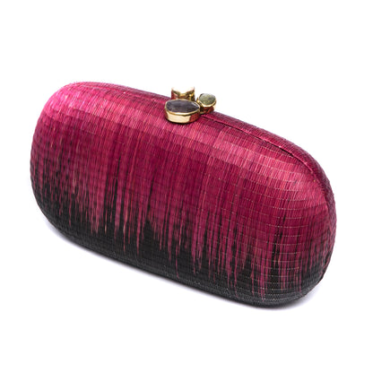 Midnight Serenity Oval Hard Case Purse, handwoven from Buri tree fibers, with agate stones wrapped in brass and a drop-in brass chain strap.