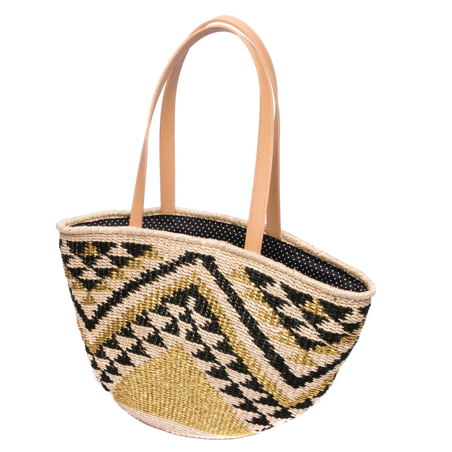 Queen of the Hills Millie Tote, handwoven from natural plant fibers and polyester cord, featuring cow leather handles, a polka dot cotton lining, and functional zippered and open pockets.