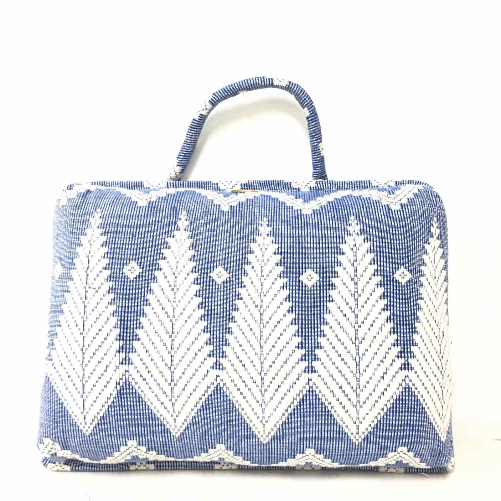 Hazel Inabel Blue Feather Laptop Pillow made from traditional Abel Iloco handloomed fabric with a faux suede non-slip top and convenient handle for easy portability.