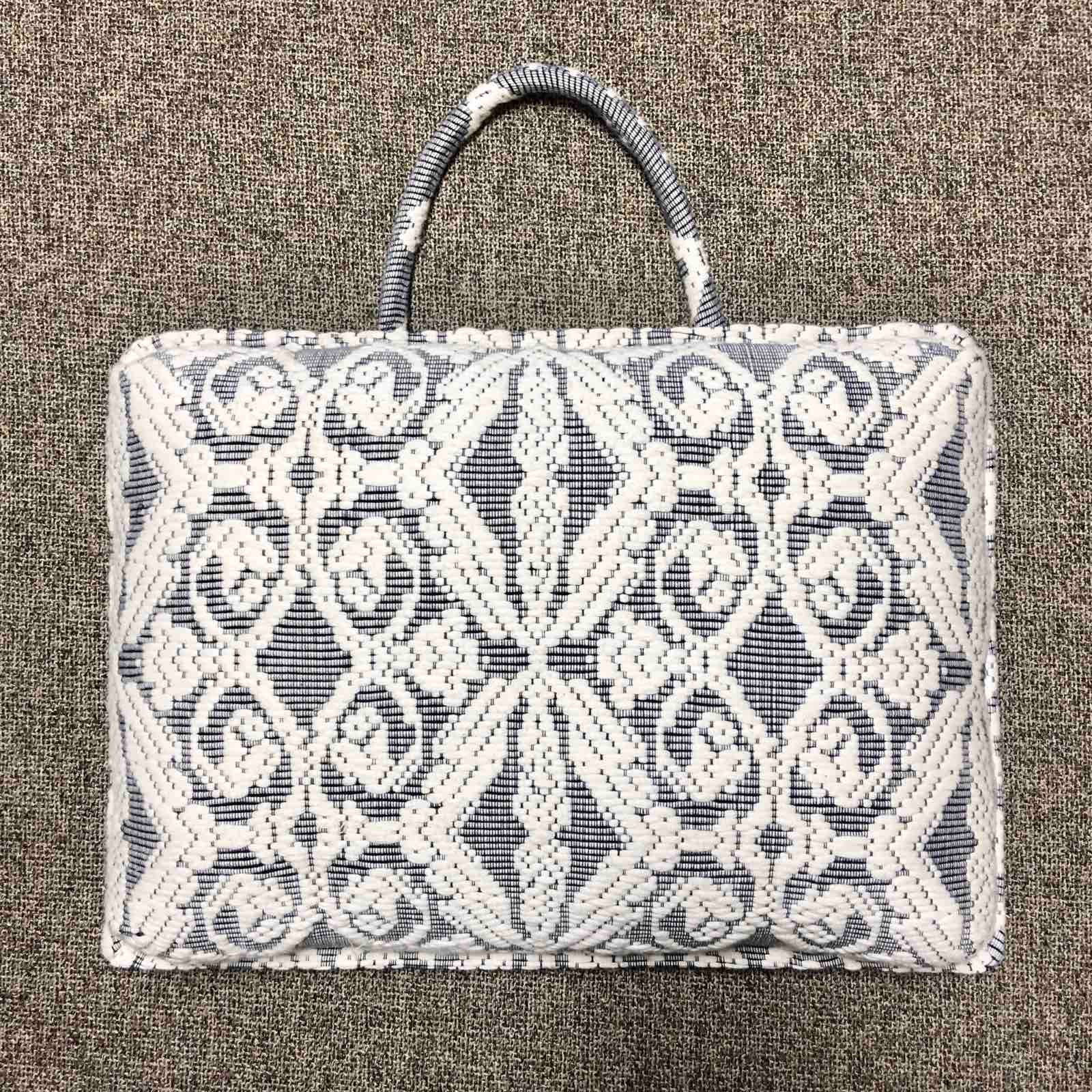 Hazel Inabel Blue Grey Scrolls Laptop Pillow made from traditional Abel Iloco handloomed fabric with a faux suede non-slip top and convenient handle for easy portability.