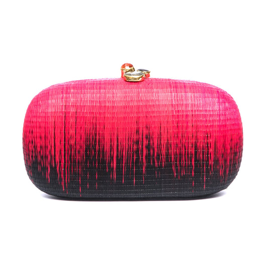 Horizon oval hard case purse handwoven from natural plant fibers, featuring agate stone accents wrapped in brass, a twill lining, and a brass drop-in chain for versatile wear.
