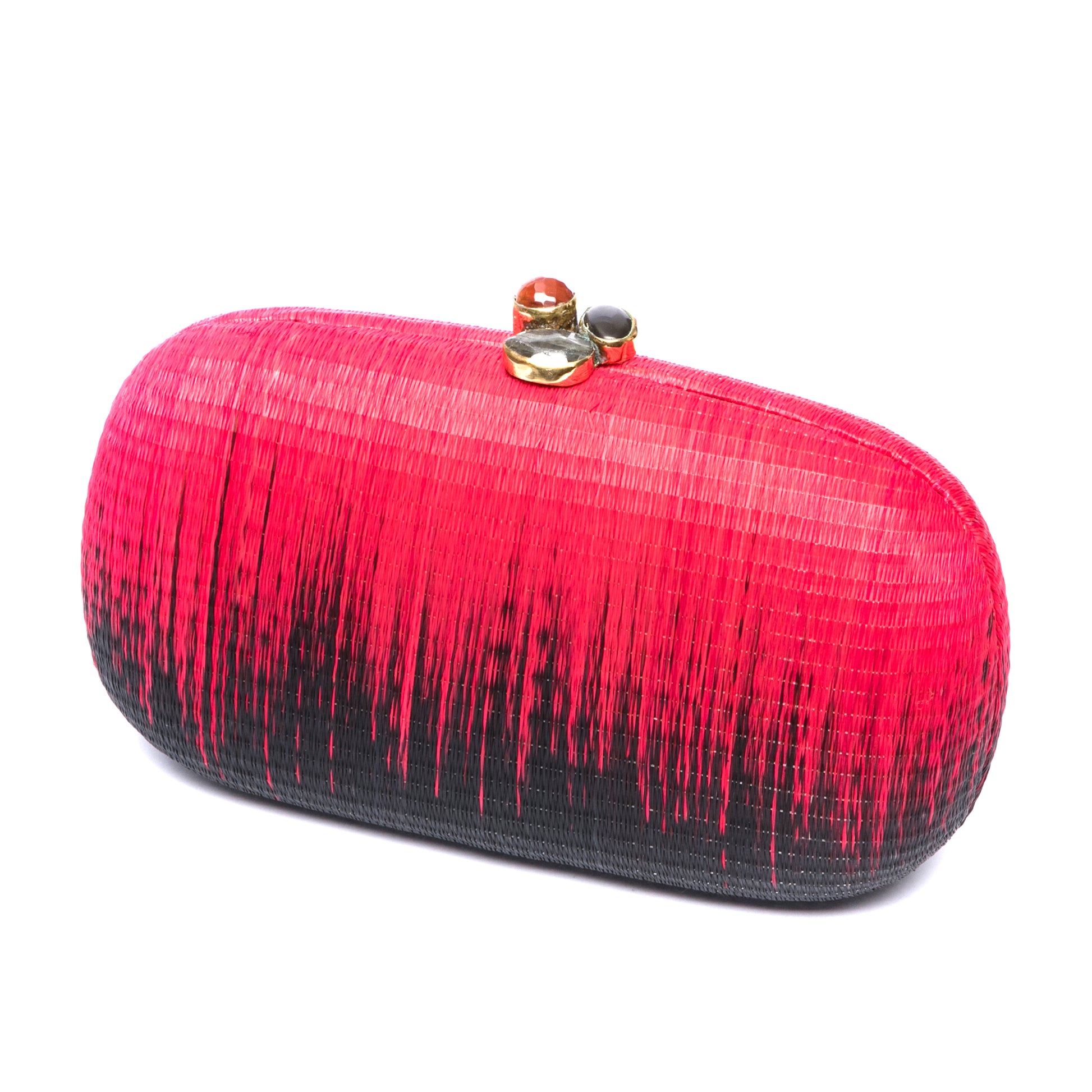Horizon oval hard case purse handwoven from natural plant fibers, featuring agate stone accents wrapped in brass, a twill lining, and a brass drop-in chain for versatile wear.