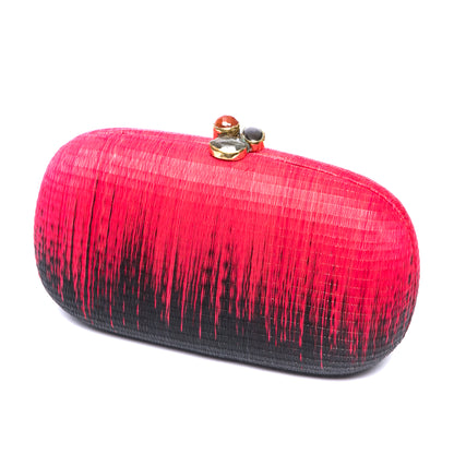 Horizon oval hard case purse handwoven from natural plant fibers, featuring agate stone accents wrapped in brass, a twill lining, and a brass drop-in chain for versatile wear.