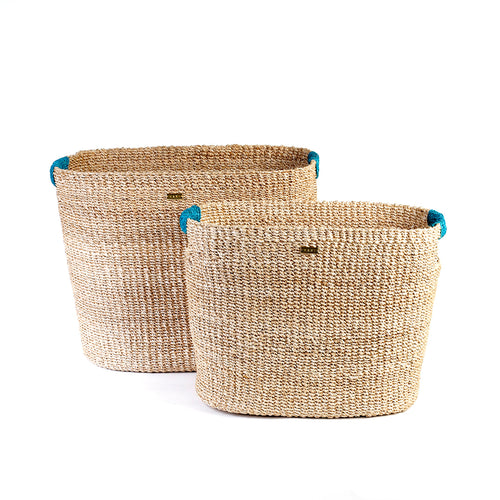 Ivy Oval Storage Baskets Set of 2, handcrafted from natural plant fibers, shown in small and large sizes for stylish and eco-friendly home organization.