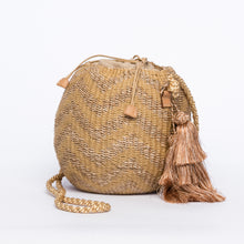 Load image into Gallery viewer, Larone Kate Circle Shoulder Bag featuring intricate zigzag embroidery on natural plant fiber, polka dot cotton lining, and cow leather handles for a comfortable fit. Perfect for stylish city outings.
