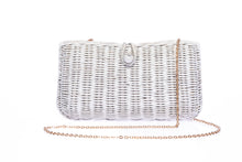 Load image into Gallery viewer, Myra Wicker Clutch White, handcrafted from rattan with a brass chain strap and a soft linen-cotton lining, perfect for day and evening wear.
